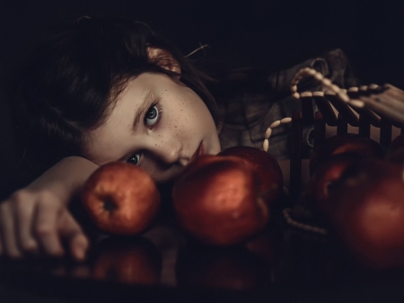 Girl - black, hand, red, girl, copil, apple, child