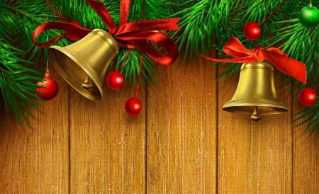 Merry Christmas! - wood, craciun, red, green, card, bell, christmas