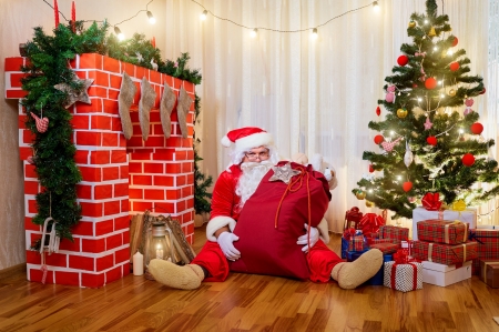 Santa - christmas, santa, craciun, old man, red, room, bag, tree