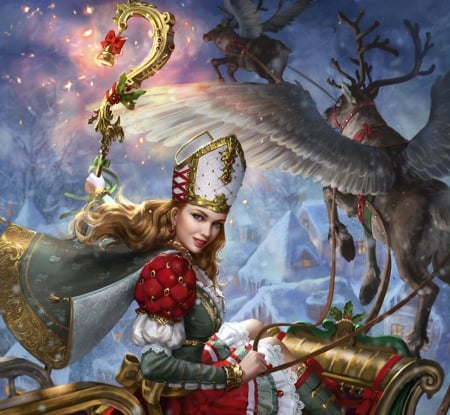 Christmas Queen - christmas queen, girl, anotherwanderer, feather, frumusete, fantasy, lalanoel, craciun, red, r, wings, reindeer, luminos