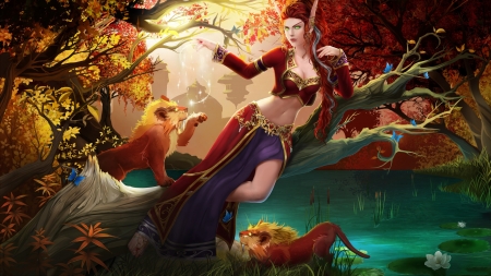 Fantasy girl - elf, lion, game, girl, red, green, fantasy