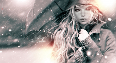 Hello, Autumn! - girl, black, fantasy, white, umbrella, autumn, rain, rendering, bw, luminos