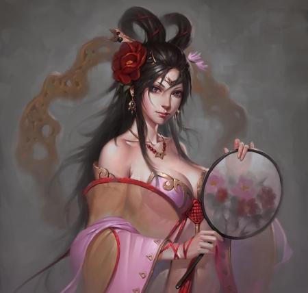 Princess - princess, fan, girl, tony wang, asian, fantasy, hand fan, art, luminos