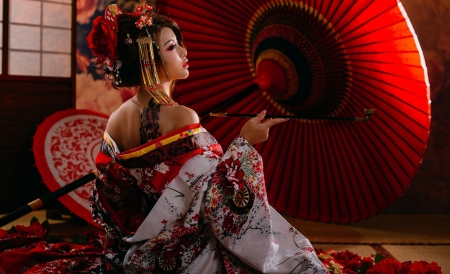 Beauty - geisha, girl, white, umbrella, parasol, red, woman, model, asian