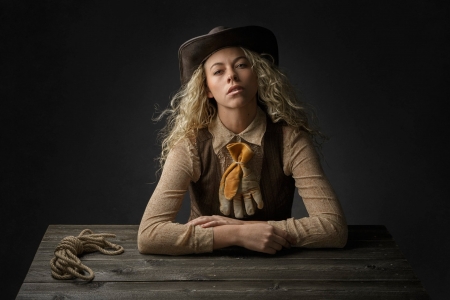 Alone Again . . - women, style, rope, models, female, cowgirl, hats, western, blondes, table, ranch