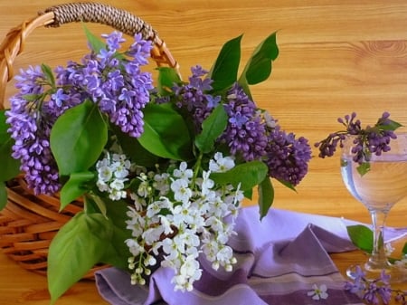 BASKET OF LILACS - flowers, image, basket, lilacs