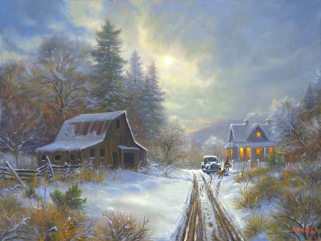 Winter Homeplace - xmas and new year, attractions in dreams, roads, winter, countryside, christmas, love four seasons, holidays, home, winter holidays, snow, paintings