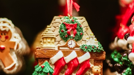 christmas gingerbread house - gingerbread, house, christmas, wreath, stockings