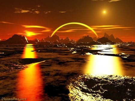 Strange suns - red, planet, digital art, reflection, suns