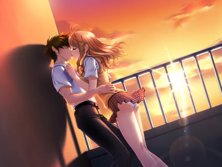 AnimeKiss - boy, anime, sunset, girl, kiss