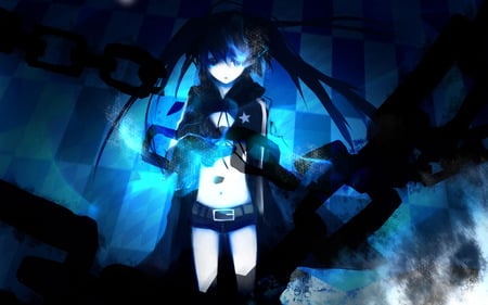 Come Here - black rock shooter, glowing eye, anime, chains, twintails