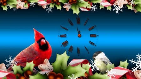 New Years Birds - cardinal, birds, clock, holly, snow flakes, holiday, time, New Years, Christmas, chickadee