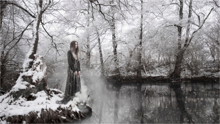 winter river - winter, woman, lady, snow