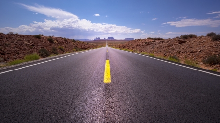 No Passing - road, Route 66, Firefox Persona theme, highway, blacktop, pavement, drive, yellow line, mountains, sky