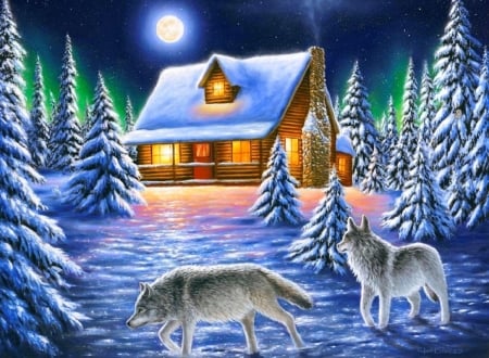 Nighttime Prowl - attractions in dreams, xmas and new year, winter, moons, cottages, christmas, nature, wolves, love four seasons, holidays, winter holidays, snow, paintings