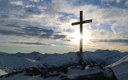 Holy Cross - winter, Austria, cross, mountains, sky