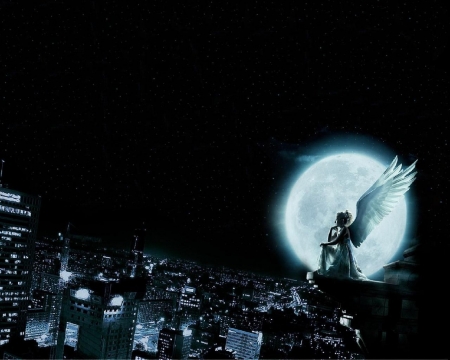 Angel - city, moonlight, night, angel