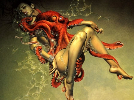 Octopus - fantasy, woman, octopus, art