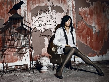 Famke Janssen - actress, 2017, sexy, shirt, wallpaper, fanke, heels, stockings, famke janssen, model, legs, janssen, beautiful