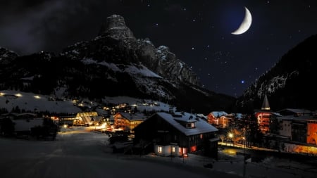 Winter dolomites - moon, winter, Alps, dolomites, snow, night, stars, mountain, village, lights, Italy, peaceful, sky