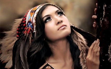 Native Maiden Eyes - native, eyes, American indian, beauty, lovely, Headdress, Feathers, Face, woman