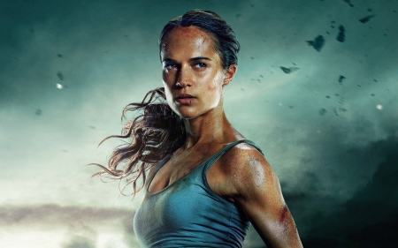 Tomb Raider (2018) - tomb raider, actress, girl, alicia vikander, blue, lara croft, poster, mvie