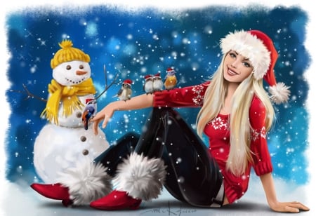 Snow maiden - hat, snowman, winter, blue, lorri kajenna, girl, christmas, santa, fantasy, craciun, red, art