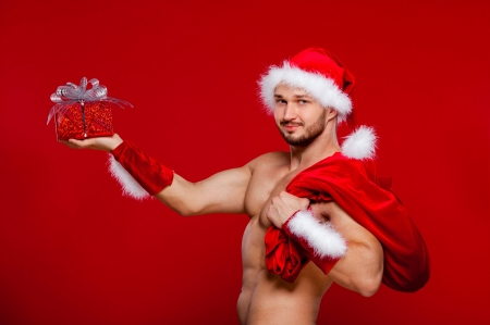 Merry Christmas! - craciun, gift, christmas, white, santa, young, man, red, hand