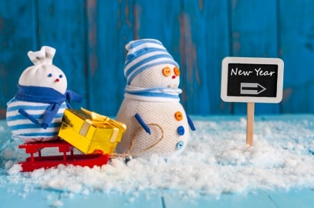 Happy New Year! - sleigh, white, snowman, yellow, blue, new year, card