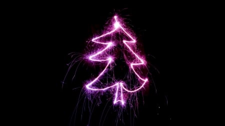 Happy New Year! - christmas, black, craciun, new year, card, pink, fireworks, tree