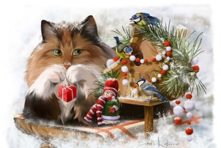 Merry Christmas! - bird, lorri kajenna, cat, craciun, christmas, art, pisica, fantasy, luminos