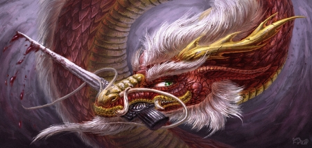 Dragon - white, red, luminos, dragon, sword, fantasy