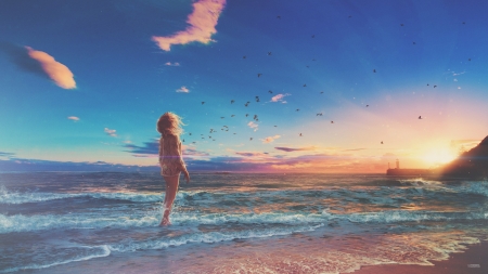 On the beach - beach, sky, girl, summer, fantasy, blue, luminos, anime, sea, manga