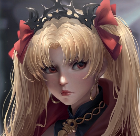 Ereshkigal - chubymi, girl, blonde, frumusete, fantasy, red, face, ereshkigal, bow, fate, luminos