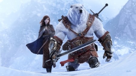 Epic Quest - white, epic quest, fantasy, winter, polar bear, girl, rico cilliers