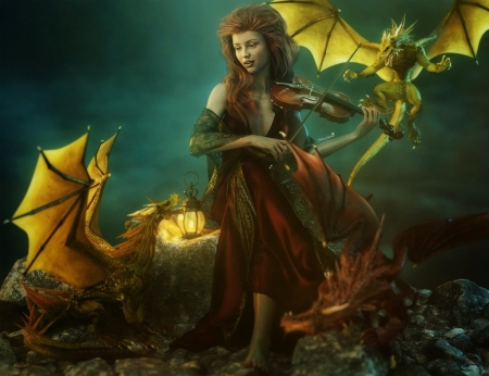 Dragon song - shibashake, fantasy, instrument, dragon, violin, girl, luminos