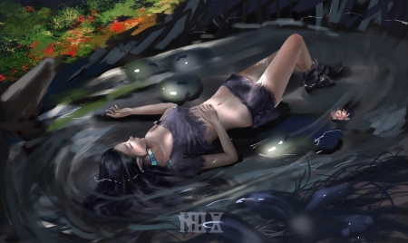 Fantasy girl - elf, girl, luminos, water, summer, fantasy