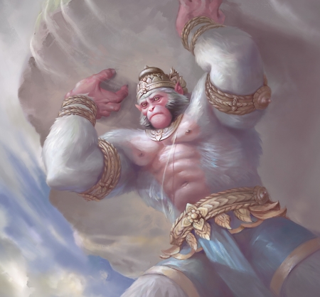 Hanumaan - tan man, god, pink, monkey, fantasy, white, hanumaan, art, luminos