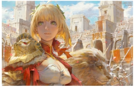 Saber - saber, manga, anime, red, girl, blonde, lion, krentz