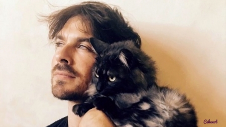 Ian Somerhalder - animal, black, cat, actor, art, pisica, pictura, cehenot, painting, ian somerhalder, man