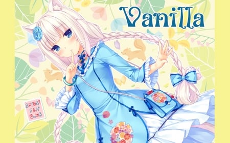 Vanilla - Vanilla, Blue Bows, Traditional Clothing, Hair Done, White Hair, Blue Eyes, Nekomimi, Plaits, Sayori, Nekopara, Japanese Clothing, Nekoworks