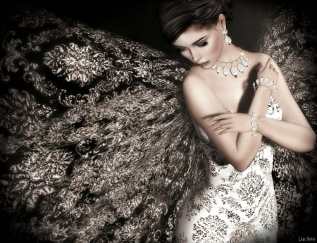 Angel - wings, white, rendering, fantasy, black, luminos, girl, angel