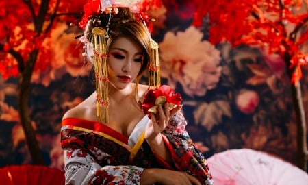 Beauty - woman, geisha, girl, red, kimono, asian, model