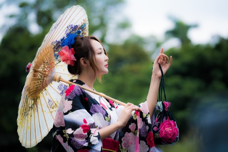 Beauty - girl, pink, black, umbrella, hand, parasol, woman, model, asian