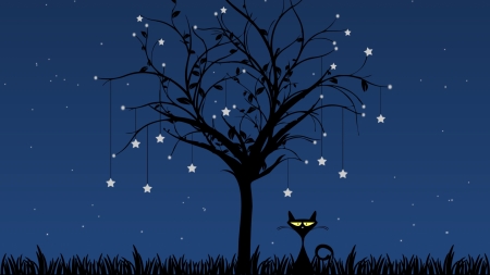 :) - stars, silhouette, cat, night, pisica, black, fantasy, blue, fireflies, tree