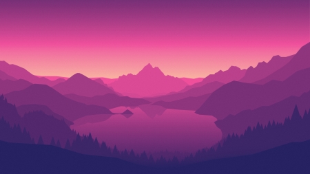 Abstract mountain scene - Mountains, Trees, Pink, Lake, Sky