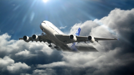 airbus a380 - cloud, plane, sky, airbus