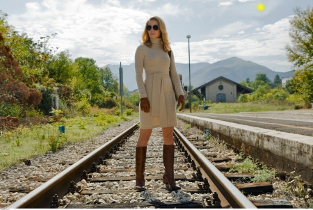 Boots On The Tracks . . - women, style, female, cowgirl, fashion, boots, outdoors, railroad tracks, western, blondes, movies