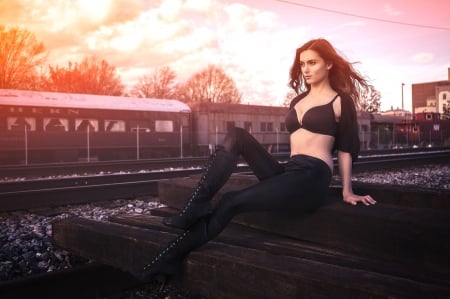 Train Station Pose . . - style, girls, western, women, railroad, models, joanna wroten, outdoors, train, brunettes, cowgirl, train tracks, fun, female, boots, fashion