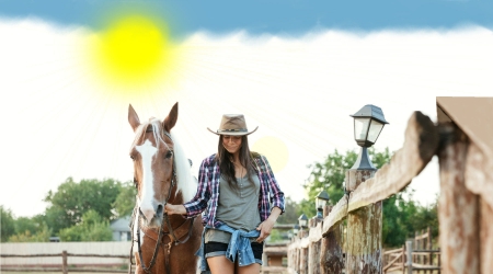 Rough Day . . - women, female, hats, fashion, models, brunettes, western, cowgirl, outdoors, horses, ranch, corral